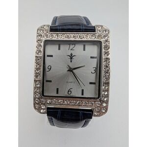 Cato Watch Women 35mm Silver Case Rhinestones Blue Leather Band- New Battery